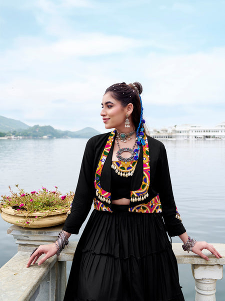 Black Color Pure Rayon Gamthi Work Navratri Lehenga Choli