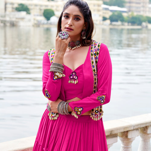 Pink Color Pure Rayon Gamthi Work Navratri Lehenga Choli