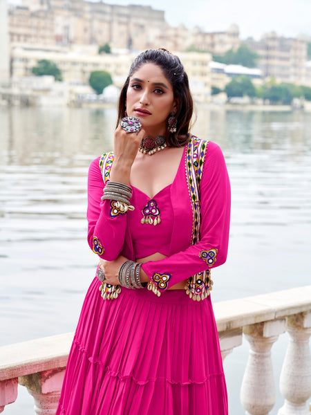 Pink Color Pure Rayon Gamthi Work Navratri Lehenga Choli