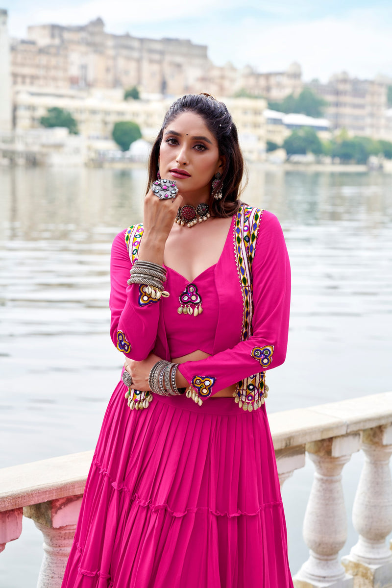 Pink Color Pure Rayon Gamthi Work Navratri Lehenga Choli