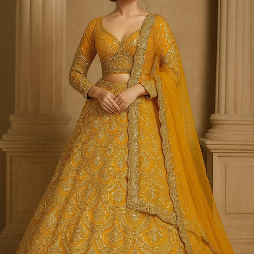 Yellow Color Heavy Sequence Work  Designer Haldi Lehenga Choli