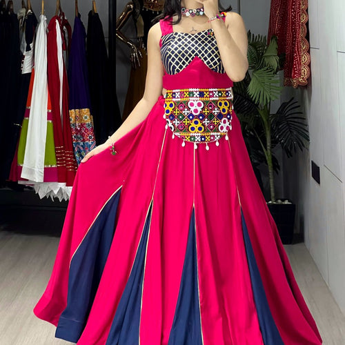 Pink-Blue Color Kutchi Work Ready To Wear Rayon Navratri Lehenga Choli