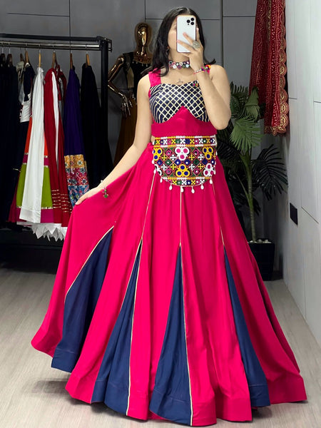 Pink-Blue Color Kutchi Work Ready To Wear Rayon Navratri Lehenga Choli