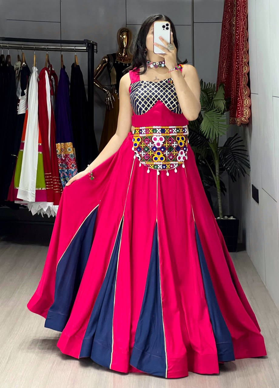 Pink-Blue Color Kutchi Work Ready To Wear Rayon Navratri Lehenga Choli