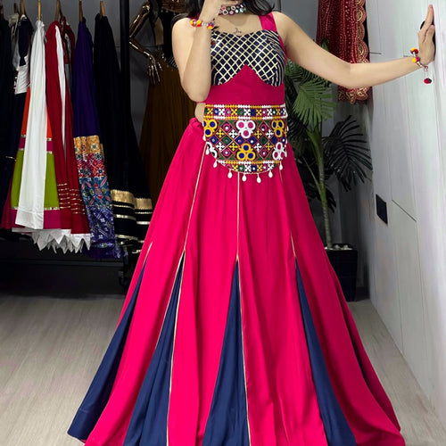 Pink-Blue Color Kutchi Work Ready To Wear Rayon Navratri Lehenga Choli