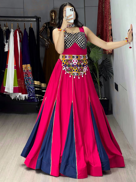 Pink-Blue Color Kutchi Work Ready To Wear Rayon Navratri Lehenga Choli
