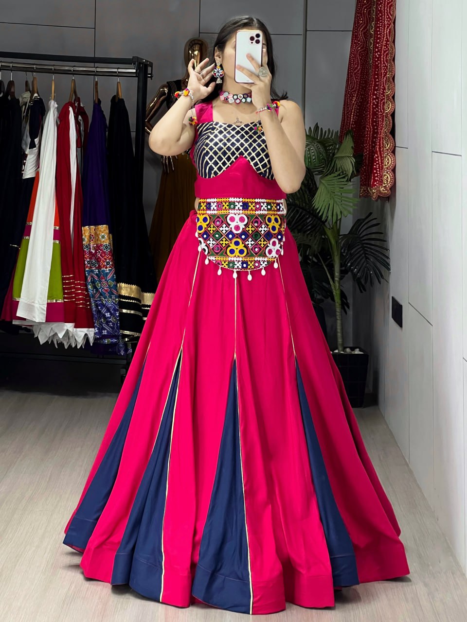 Pink-Blue Color Kutchi Work Ready To Wear Rayon Navratri Lehenga Choli