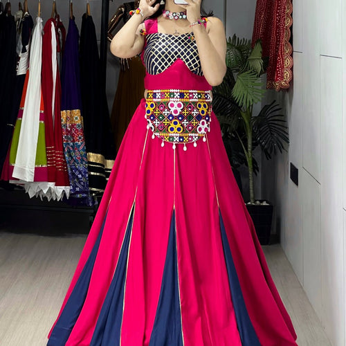 Pink-Blue Color Kutchi Work Ready To Wear Rayon Navratri Lehenga Choli