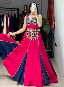 Pink-Blue Color Kutchi Work Ready To Wear Rayon Navratri Lehenga Choli