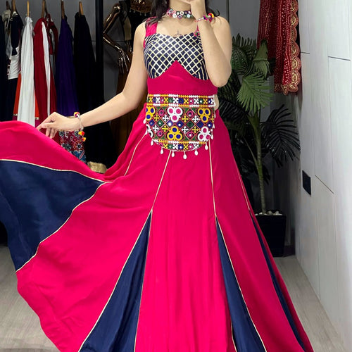 Pink-Blue Color Kutchi Work Ready To Wear Rayon Navratri Lehenga Choli