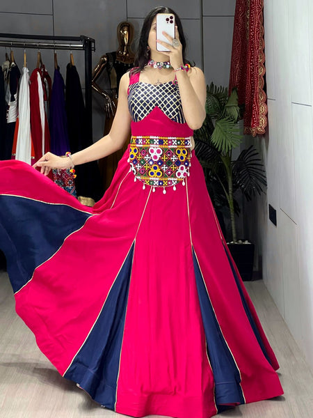 Pink-Blue Color Kutchi Work Ready To Wear Rayon Navratri Lehenga Choli