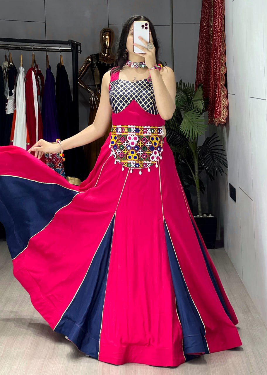 Pink-Blue Color Kutchi Work Ready To Wear Rayon Navratri Lehenga Choli