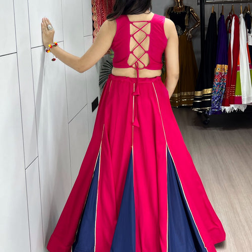 Pink-Blue Color Kutchi Work Ready To Wear Rayon Navratri Lehenga Choli