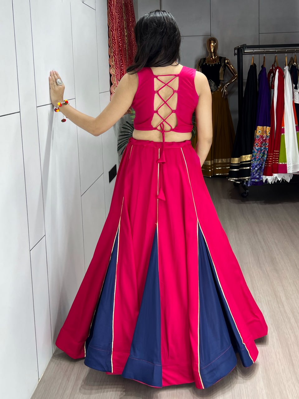 Pink-Blue Color Kutchi Work Ready To Wear Rayon Navratri Lehenga Choli