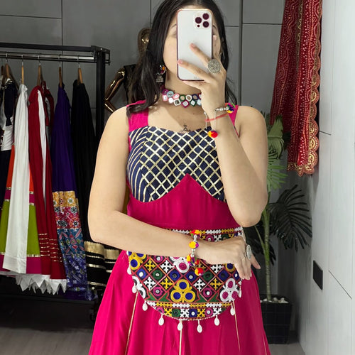Pink-Blue Color Kutchi Work Ready To Wear Rayon Navratri Lehenga Choli