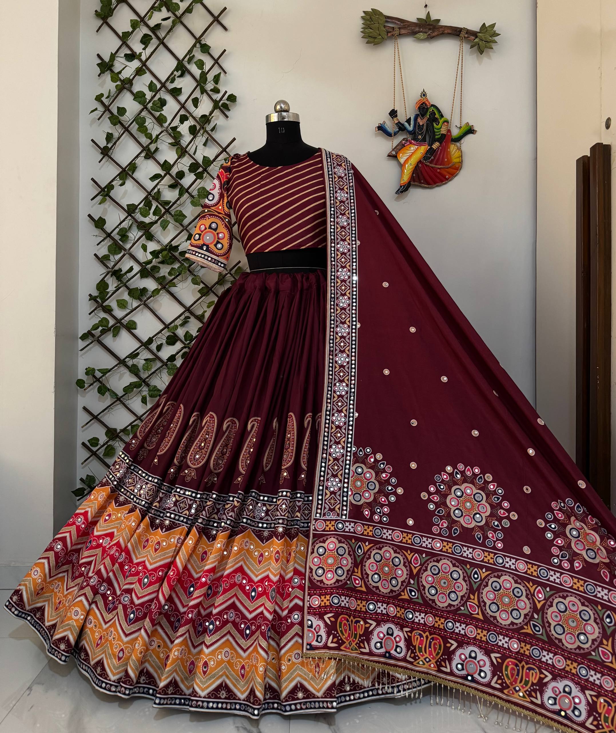 Maroon Color Digital Printed Mirror Work Navratri Lehenga Choli