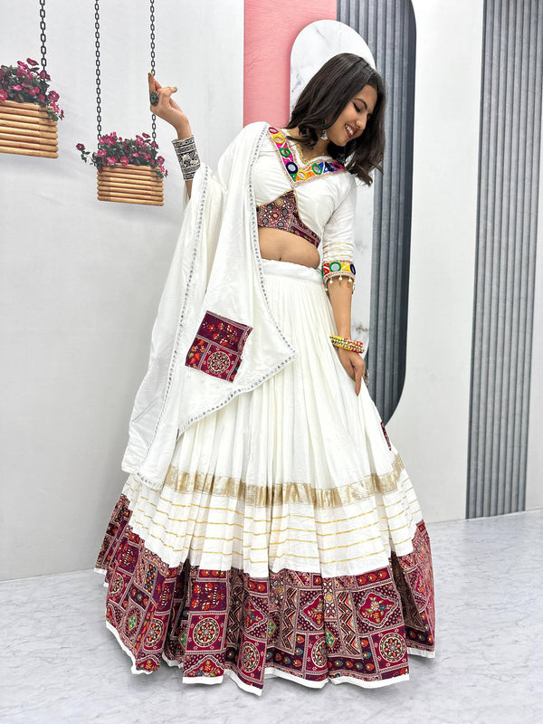 White Color Cotton Designer Ajarkh Print Navratri Chaniya Choli