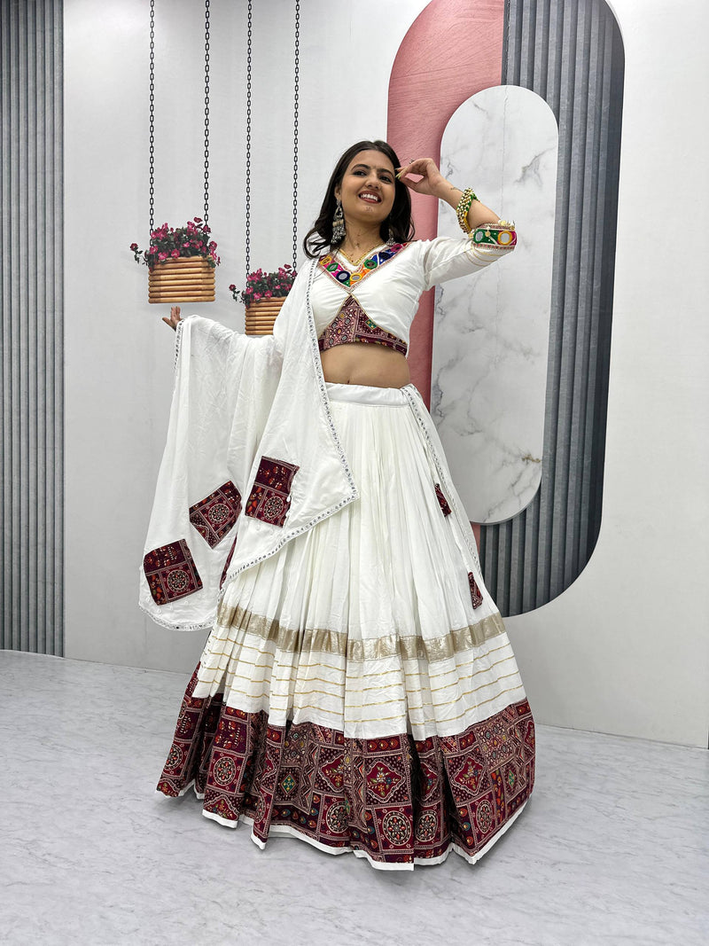 White Color Cotton Designer Ajarkh Print Navratri Chaniya Choli