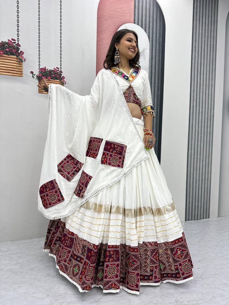 White Color Cotton Designer Ajarkh Print Navratri Chaniya Choli