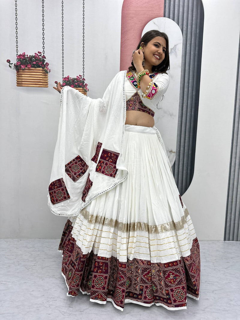 White Color Cotton Designer Ajarkh Print Navratri Chaniya Choli