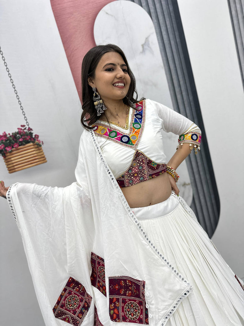 White Color Cotton Designer Ajarkh Print Navratri Chaniya Choli