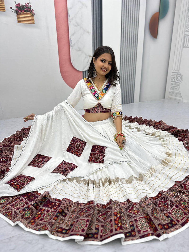 White Color Cotton Designer Ajarkh Print Navratri Chaniya Choli
