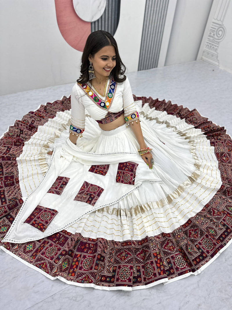 White Color Cotton Designer Ajarkh Print Navratri Chaniya Choli
