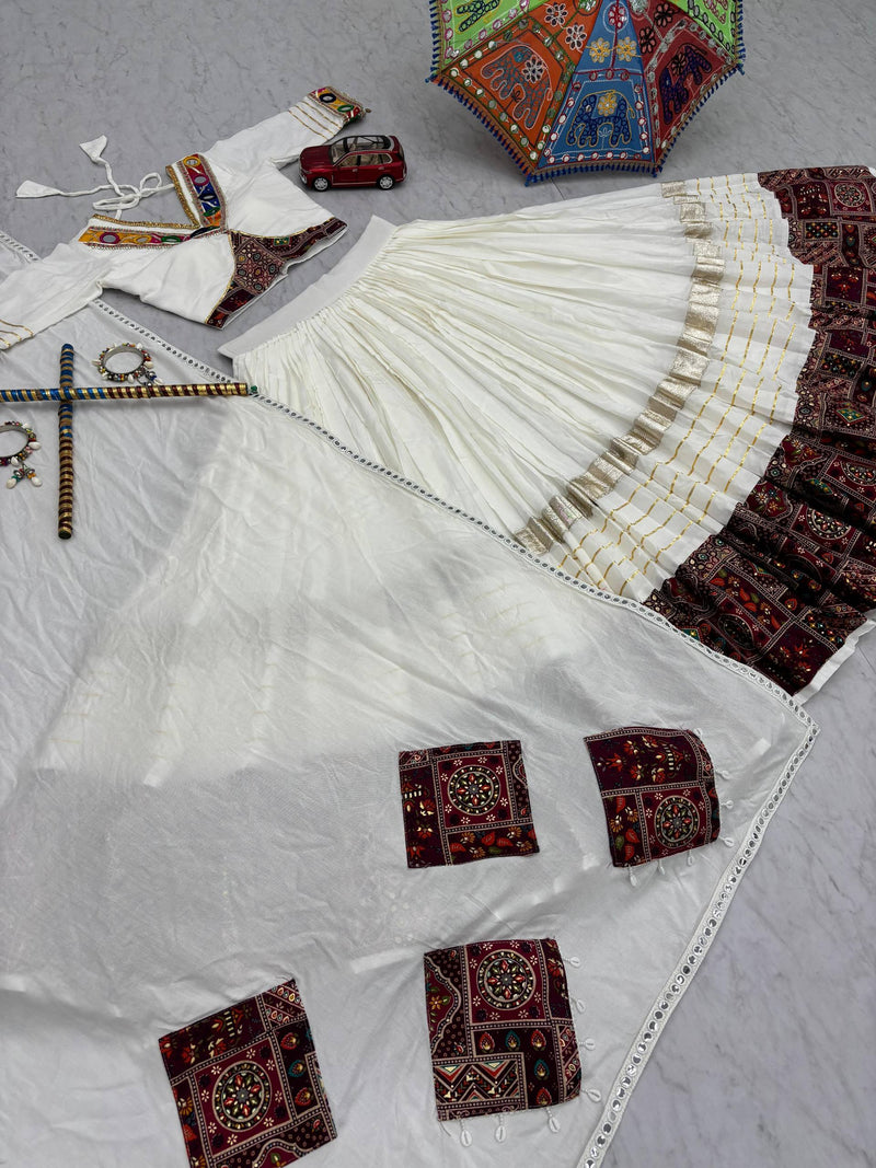 White Color Cotton Designer Ajarkh Print Navratri Chaniya Choli