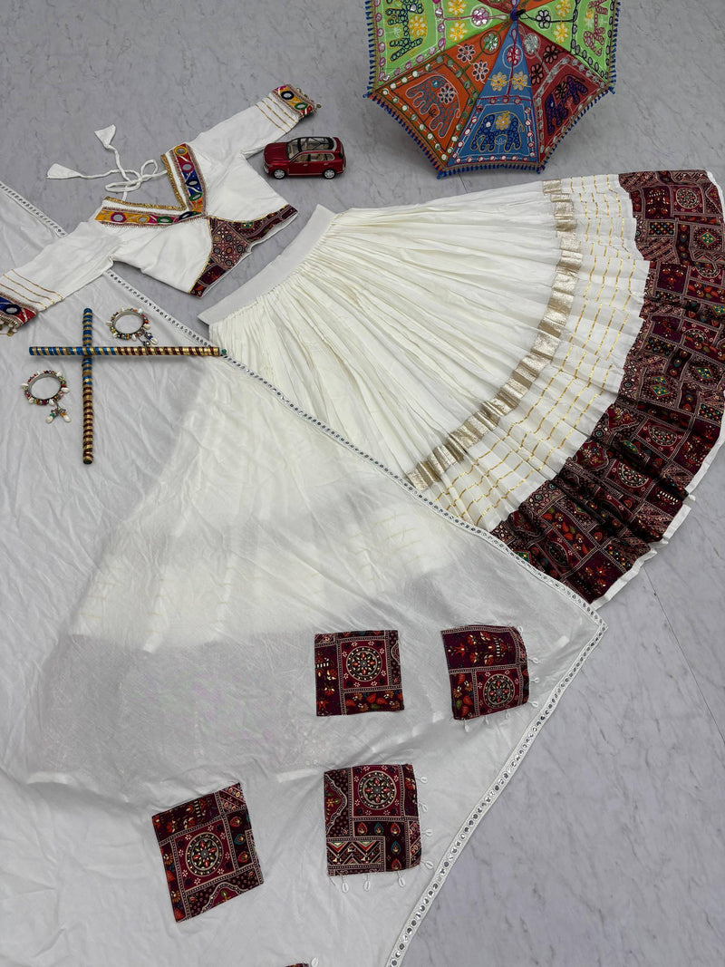 White Color Cotton Designer Ajarkh Print Navratri Chaniya Choli