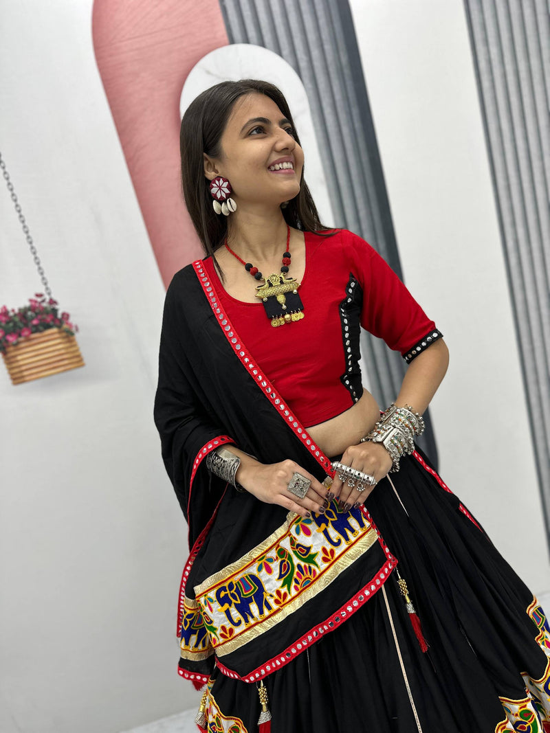 Black Red Color Navrtari Designer Cotton Lehenga Choli