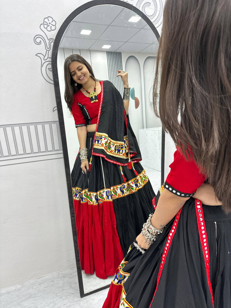 Black Red Color Navrtari Designer Cotton Lehenga Choli