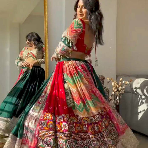 Multi Color Digital Printed Mirror Work Navratri Lehenga Choli
