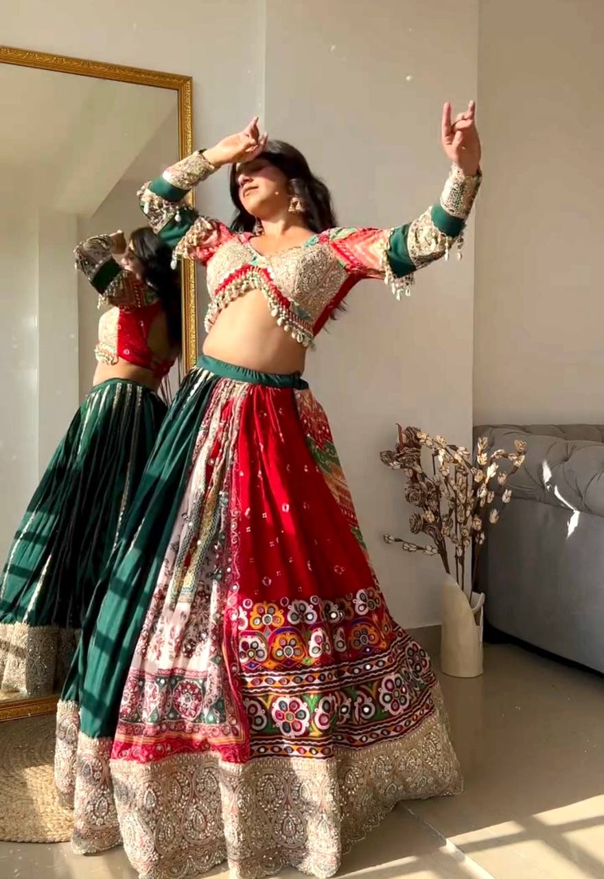 Multi Color Digital Printed Mirror Work Navratri Lehenga Choli