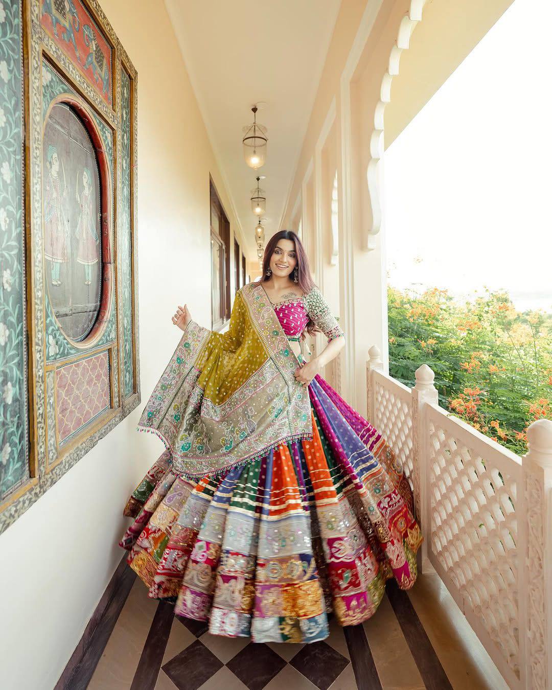 Multi Color Digital Printed Mirror Work Navratri Special Trendy Lehenga Choli