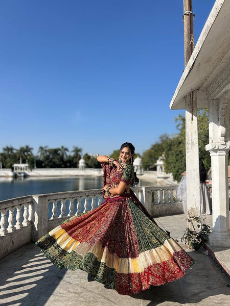 Green-Red Color Trendy Printed Mirror Work Navratri Lehenga Choli