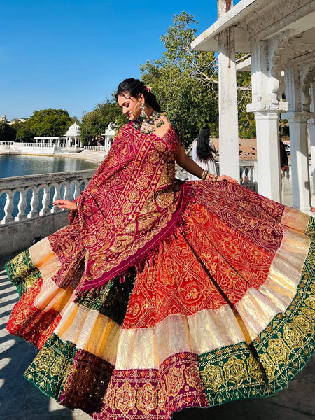 Green-Red Color Trendy Printed Mirror Work Navratri Lehenga Choli