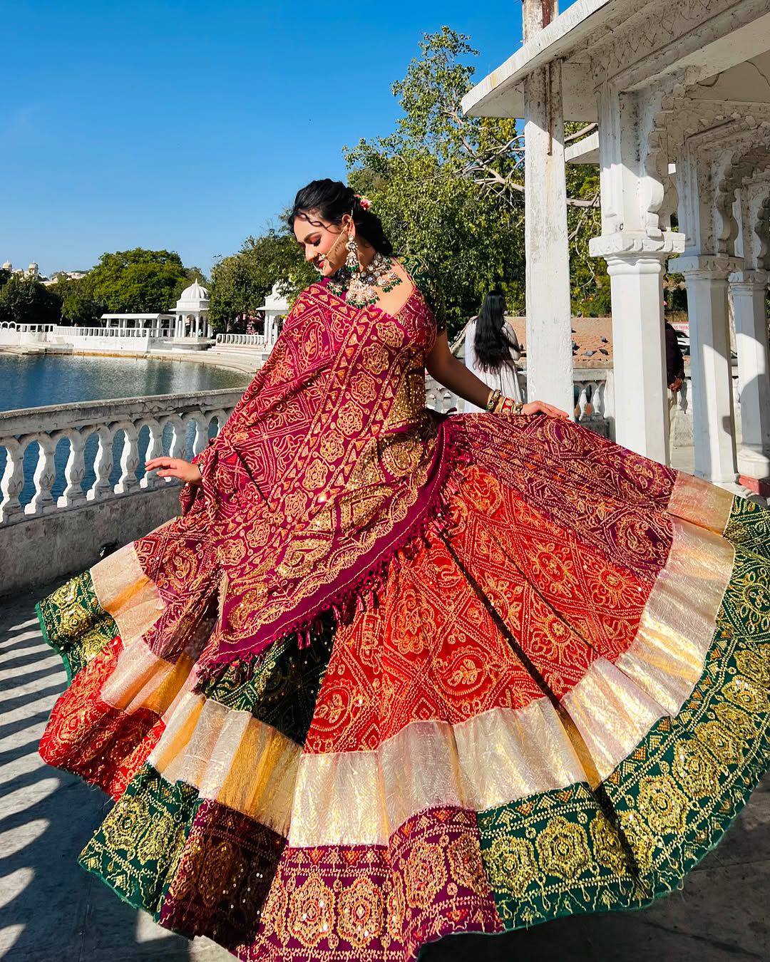 Green-Red Color Trendy Printed Mirror Work Navratri Lehenga Choli