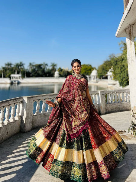 Green-Red Color Trendy Printed Mirror Work Navratri Lehenga Choli
