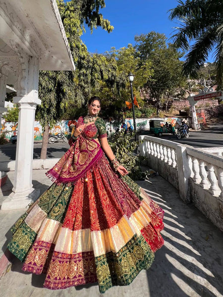 Green-Red Color Trendy Printed Mirror Work Navratri Lehenga Choli