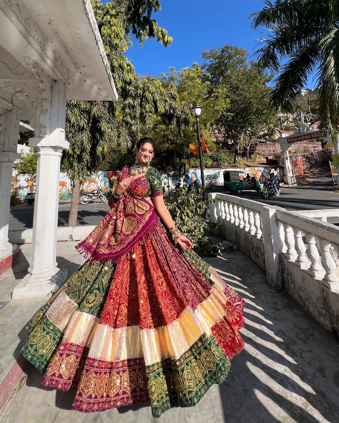 Green-Red Color Trendy Printed Mirror Work Navratri Lehenga Choli