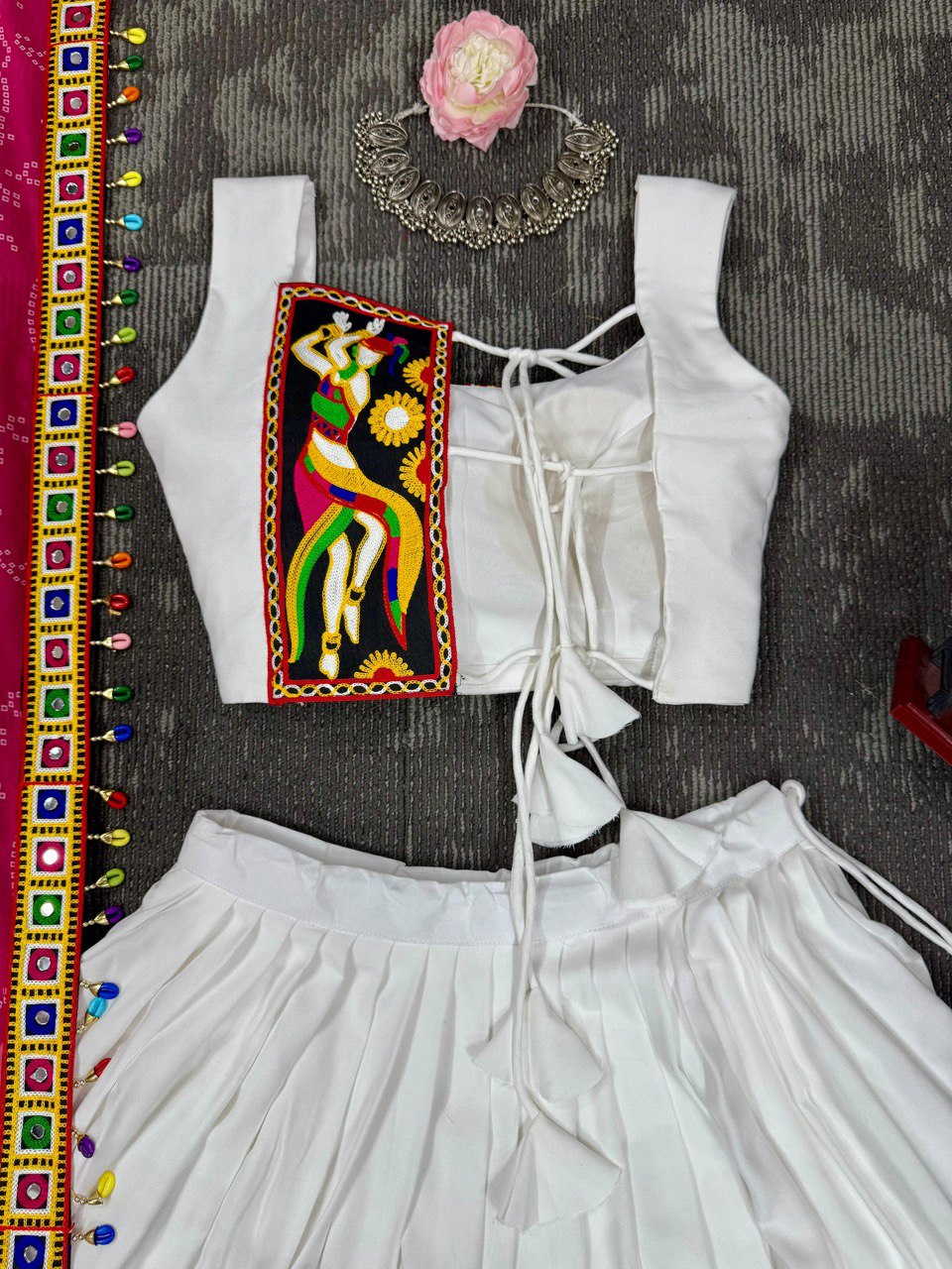 White Color Gamthi Work Rayon Navratri Lehenga Choli