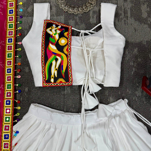 White Color Gamthi Work Rayon Navratri Lehenga Choli