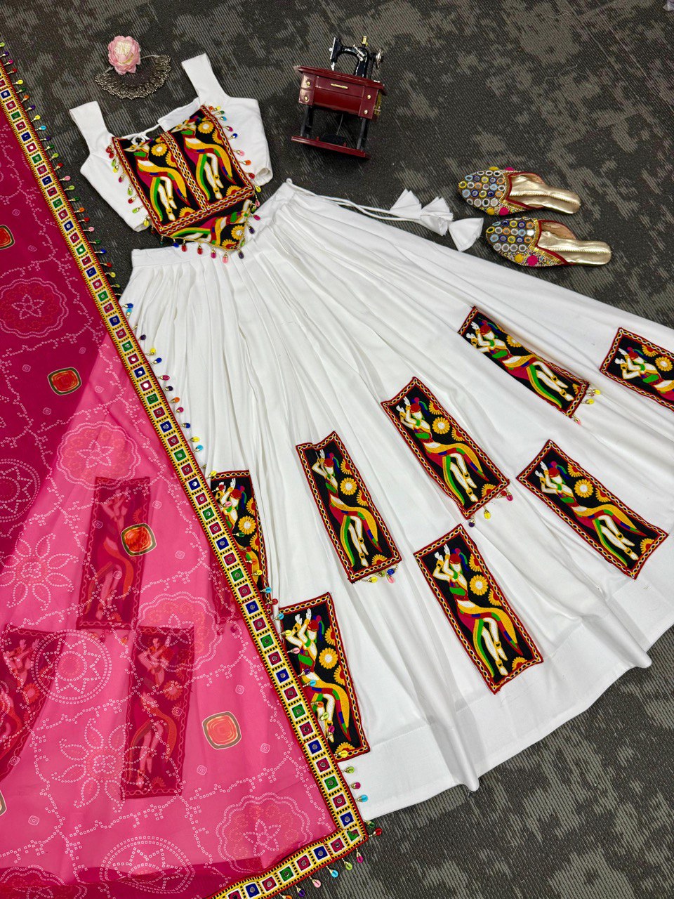 White Color Gamthi Work Rayon Navratri Lehenga Choli