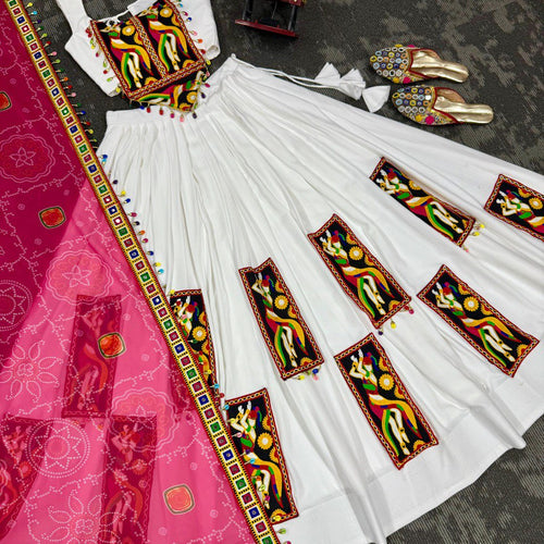 White Color Gamthi Work Rayon Navratri Lehenga Choli