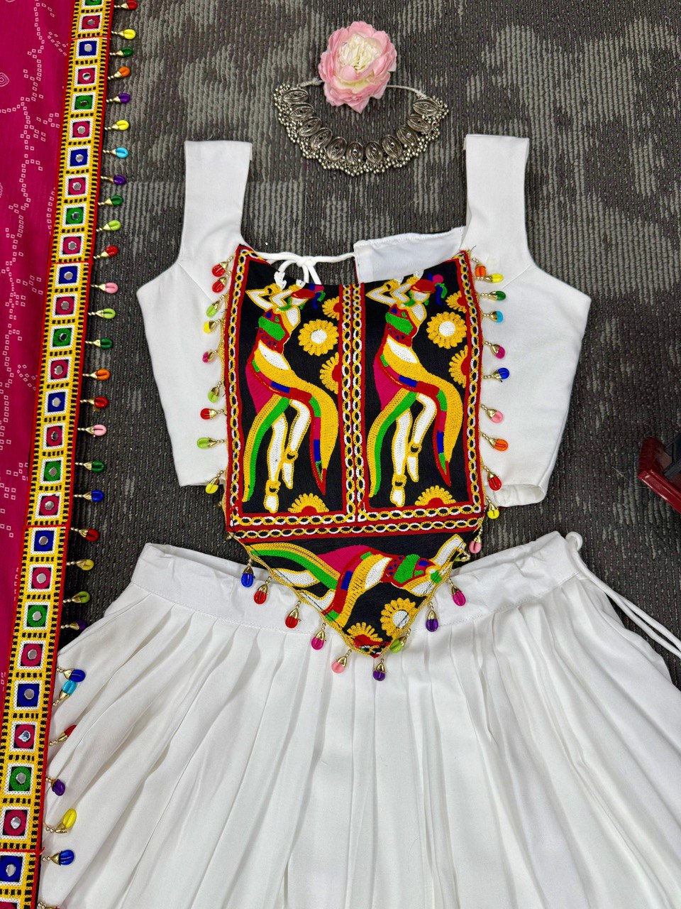 White Color Gamthi Work Rayon Navratri Lehenga Choli