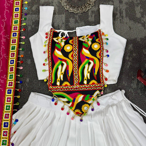 White Color Gamthi Work Rayon Navratri Lehenga Choli