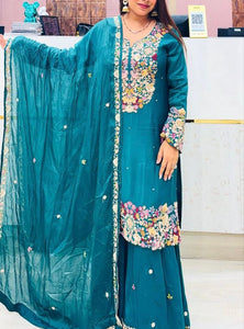 Blue Color Wedding Wear Designer Chinon Silk Sharara Suit