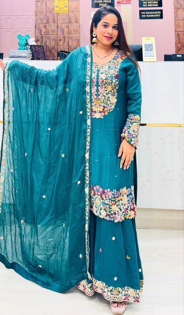 Blue Color Wedding Wear Designer Chinon Silk Sharara Suit