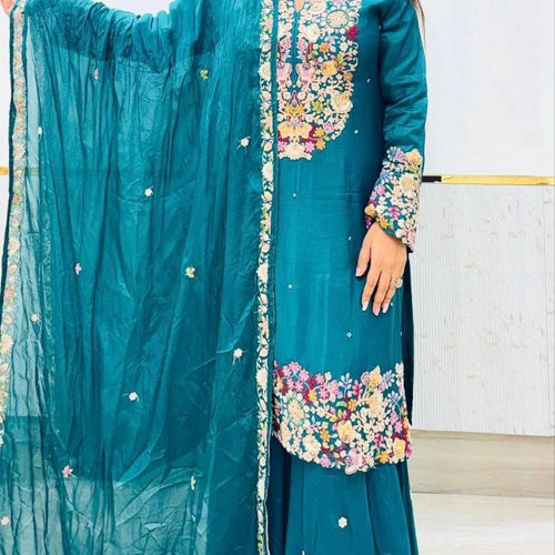Blue Color Wedding Wear Designer Chinon Silk Sharara Suit