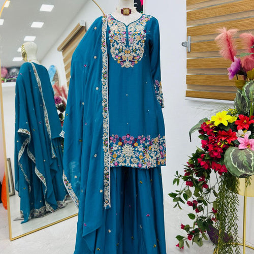 Blue Color Wedding Wear Designer Chinon Silk Sharara Suit